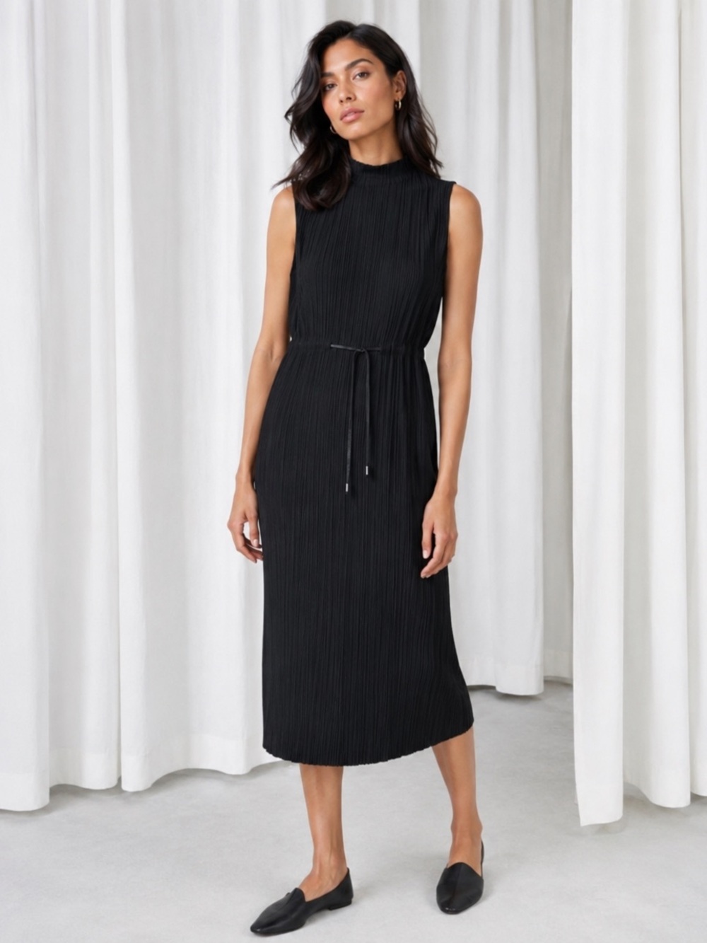 Other Stories Women’s Black Sleeveless plissé pleated midi black size 2